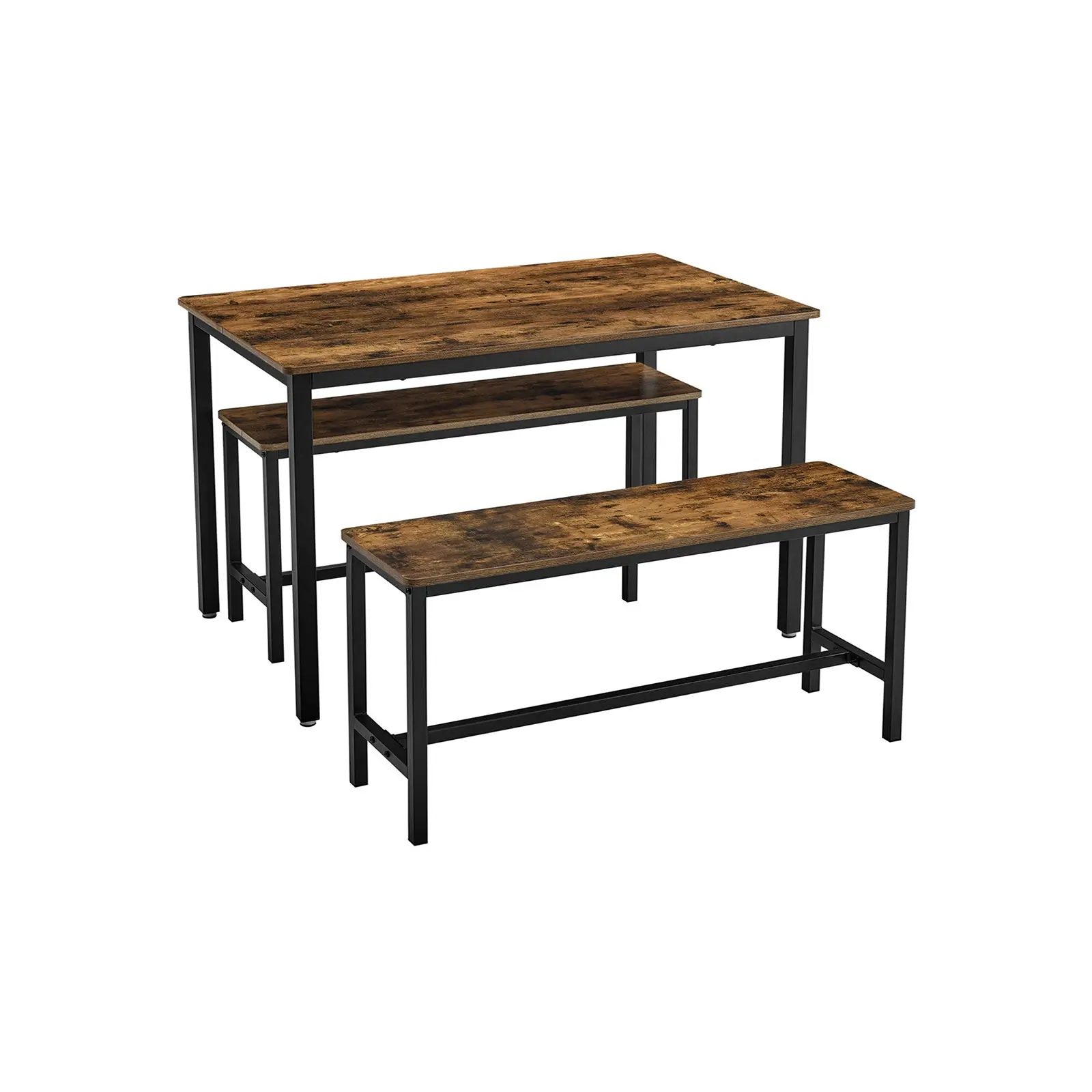 VASAGLE Solid Rectangle Industrial Rustic Finish Dining Table Set with 2 Benches, Durable Indoor Dining Room Furniture, Assembly Required