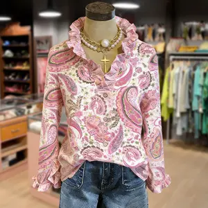 Cherrybetty Colorful Floral Paisley Print Ruffle Neck Long Sleeve Blouse Womenswear Plus Size Fashion Tops For Women Long Sleeve Tops Women Women's Tops Cute Clothes For Women