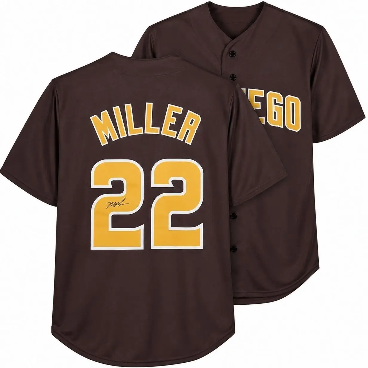 All-over Print Baseball Jersey Without Piping, Brown Gold Baseball Uniform, Miller #22 Facsimile Autographed Sports Fan Jersey 1
