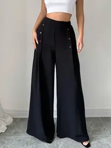 A black high-waisted buttoned dress pants for ladies, with slimming wide legs. Suitable for both commuting and vacation, Casual Chic Trousers