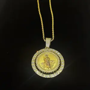 Gold Plated Pink Tone Saint Jude Roulette Pendant on 24 Inch Rope Chain Necklace for Festive Wear