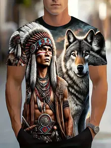 Native American Chief and Wolf T-shirt Vintage Tribal Graphic Summer Streetwear