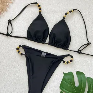 Classic beaded triangle bag mini bikini two-piece set—fashionable, sexy, low-rise bust-lifting women’s two-piece swimsuit set; holiday casual beach swimwear/onsen wear