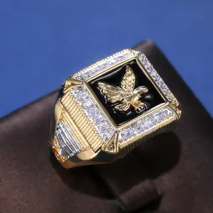 Majestic Eagle Gold Plated Men's Ring | Black Enamel & CZ Statement Band US EU Fashion
