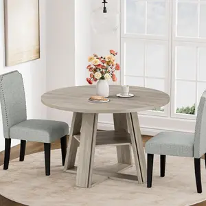 【 table only 】Space-Saving 43-Inch Round Dining Table – Wooden Pedestal Base with Lower Storage Shelf for Dining Room