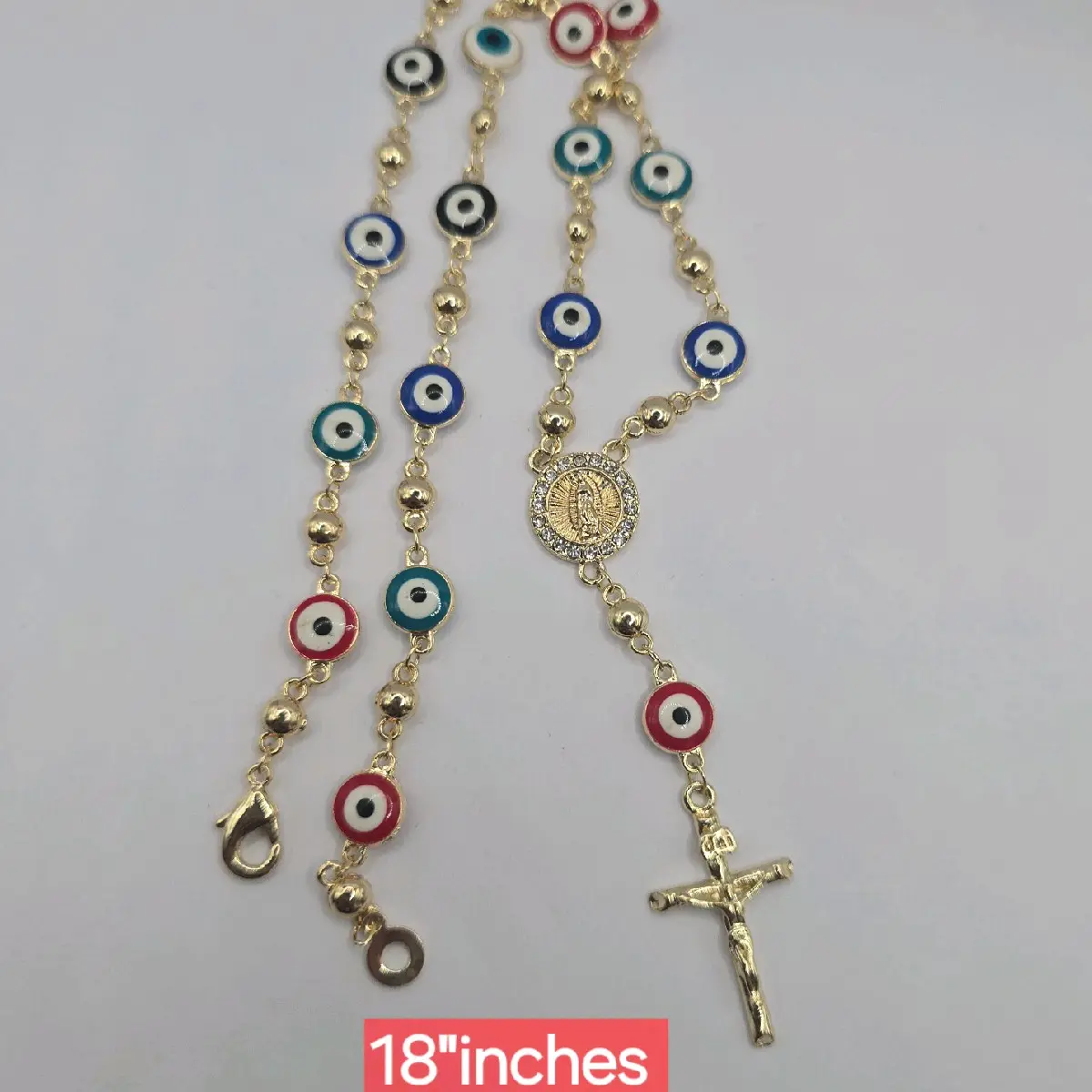 rosary necklace with VIRGIN MARY  colors eye Gold-plated 18"inches small ( medida chica)