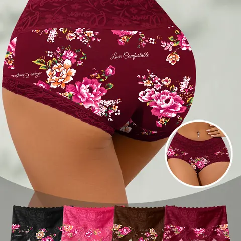 Women's Elegant Floral Print Sexy Mid-Waist Tummy Control Triangle Panties - 4/8pcs, S-5XL, Soft Stretchy Breathable Cotton, Smooth Feminine, for Daily Wear & Special Occasions, TikTok Viral Style 1438