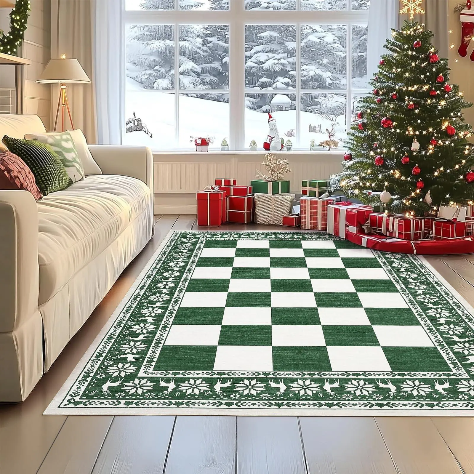 GARVEE Green 4x6 Checkerboard Flat Weave Runner Rug, Non-Slip Low-Pile Washable Fiber Rug for Holiday Decor, Kitchen Entry, Living Room