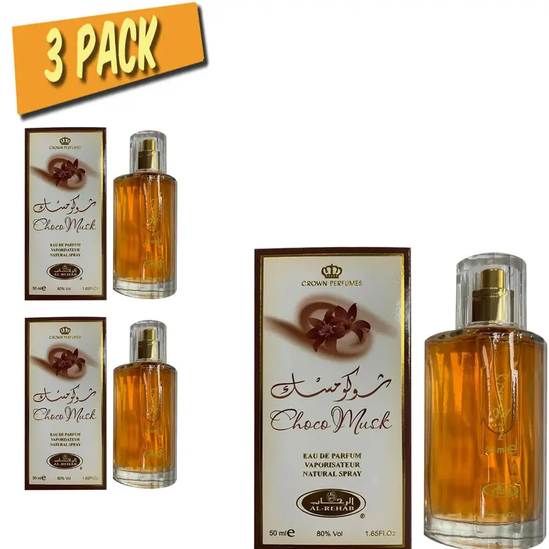 Al-Rehab Choco Musk Unisex Eau De Perfume (EDP) Spray - 3-Pack, 50 ml (1.65 fl. oz), Chocolate Scented Perfume, Contains Alcohol, Liquid, Base Notes - Chocolate, Fragrance Blend for Women