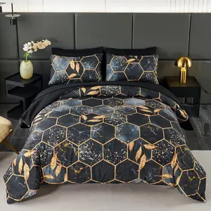 Black King Size Comforter Set Geometric Comforter 7Pcs Foil Print Bed in A Bag Marble Bedding Comforter Sets 3D Hexagon Gold Trim Bed Set for Men (Black King)