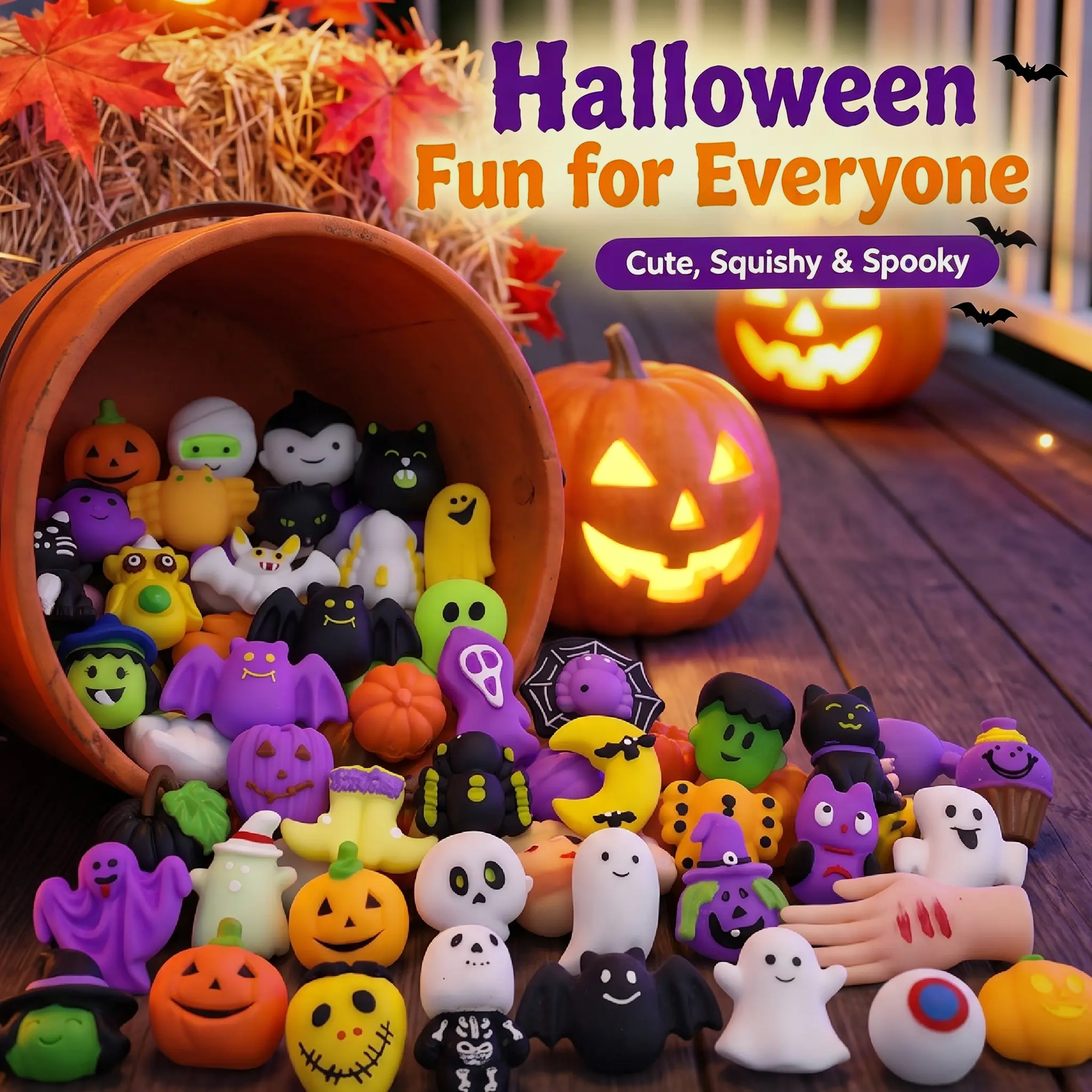 【Summerween】Halloween Squishies Stress Relief Toy Set, Classic Pumpkin/Ghost/Bat Shapes, Super Soft TPR Material with Elastic Squeeze Feel, Washable & Durable, Assorted 30/60/90pcs for Party Favors, Classroom Rewards & Trick-or-Treat