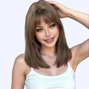 Zinnia-DWY Mid-length Tea Brown Layer-cut Straight with Bangs Glueless Synthetic Wig for Women 16 Inches