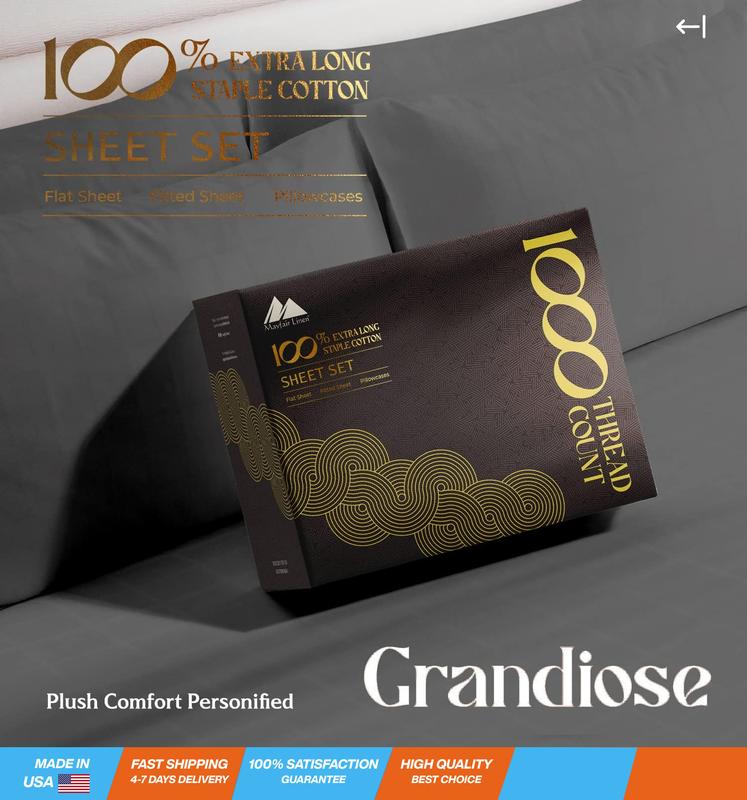High Thread Count Best Bed Sheets 100% Egyptian Cotton Sheets Set Dark Grey Long-Staple Cotton Queen Sheet for Bed, Fits Mattress Upto 18'' Deep Pocket, Soft & Silky Sateen Weave Sheets
