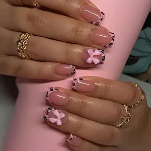 3D Press on Nails Short Square Bow Leopard False Nails Pink Fall Fake Nails with 3D Design Pink French Tip Acrylic Nails Cute Artificial Nails Short Acrylic Glue on Nails Bow Stick on Nails for Women
