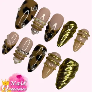 Nail Queendom[GOLDEN EMPRESS] Handcrafted 3D Press-On Nails Reusable Long Lasting Salon Quality Easy Application 10 Pieces Set Eco-Friendly 3D-gel Finish