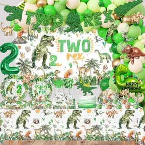 316 count Dinosaur 2nd Birthday Decorations for Boy, Dino Two Rex Party Supplies, 20 Serves Include Paper Plates, Cups, Napkins, Backdrop, Tablecloth, Cake Topper, Swirls, Banner, Balloons Garland Kit