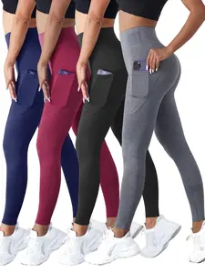 4PCS Women's High Waist Gym Yoga Pants with Pockets, Fitness Pants, Butt-Lifting Compression High Stretch Leggings, Outdoor Sports Long Tights, All-Season Wear, Plain Pocket Leggings, Workout Athletic Leggings