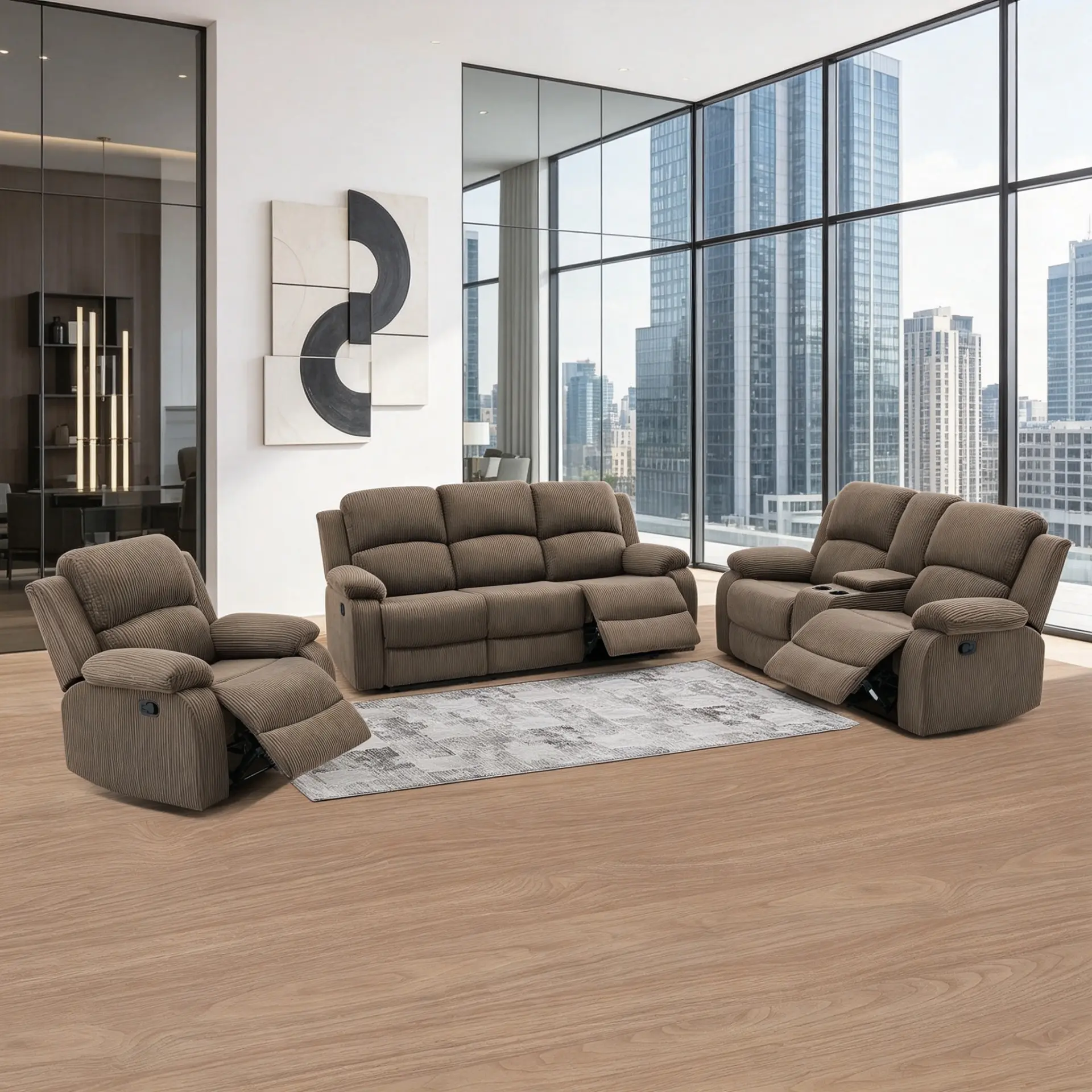 3-Piece Functional Living Room Recliner Sofa Set, Peanut Color Corduroy Stripe Fabric Indoor Furniture