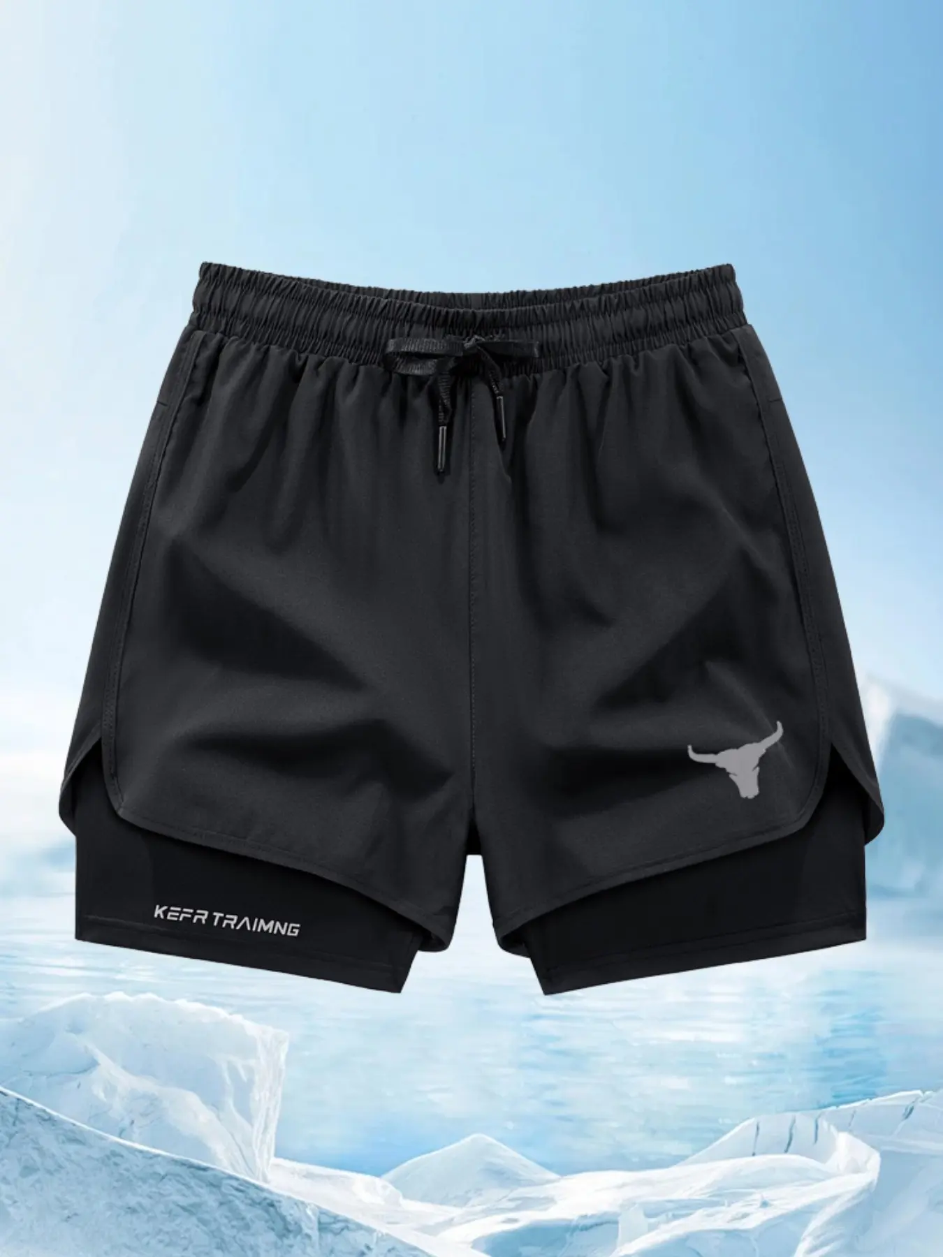 A set of three outdoor men's sport shorts, Athletic Wear Shorts, quick-drying, with drawstrings at the waist, featuring bull head prints, perfect for fitness training and running, lightweight and breathable, Workout Shorts