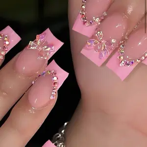 Pink Square Nails with Rhinestone Bow Design for Women's Nail Art Long Tapered Square Shape Clear Iridescent Butterfly Charms High Shine Gel Top Coat