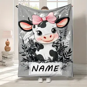 Personalized Cute Cow Blanket with Custom Name Soft Warm Polyester Flannel Throw for Sofa Bed Chair No Electricity Featherless 100% Polyester Perfect for Travel Camping Home Office Ideal Party Favor for Christmas Easter Halloween