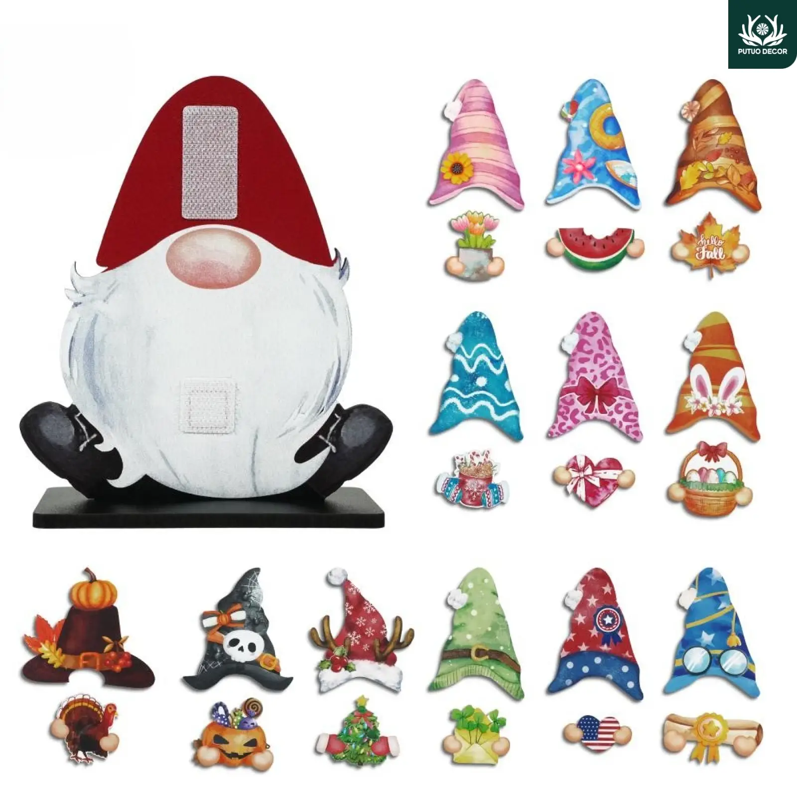 Cute Cartoon Dwarf Figurine Design Wooden Table Decoration, 1/2/6 Sets Gnome Shaped Wooden Table Decor with Changeable Velcro Icons, Suitable for Home