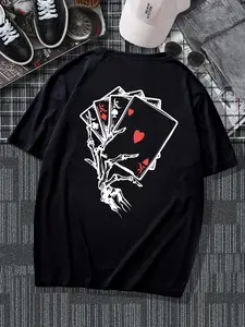 Skeleton Hand Playing Cards T-Shirt | Retro Poker Skull Graphic Tee | Vintage Gambler Ace Of Hearts Print Shirt | Casino Poker Lover Gift | Mens Streetwear Casual Top | Unisex Skull Graphic Tees for Men Women | Poker Player Aesthetic Tshirt