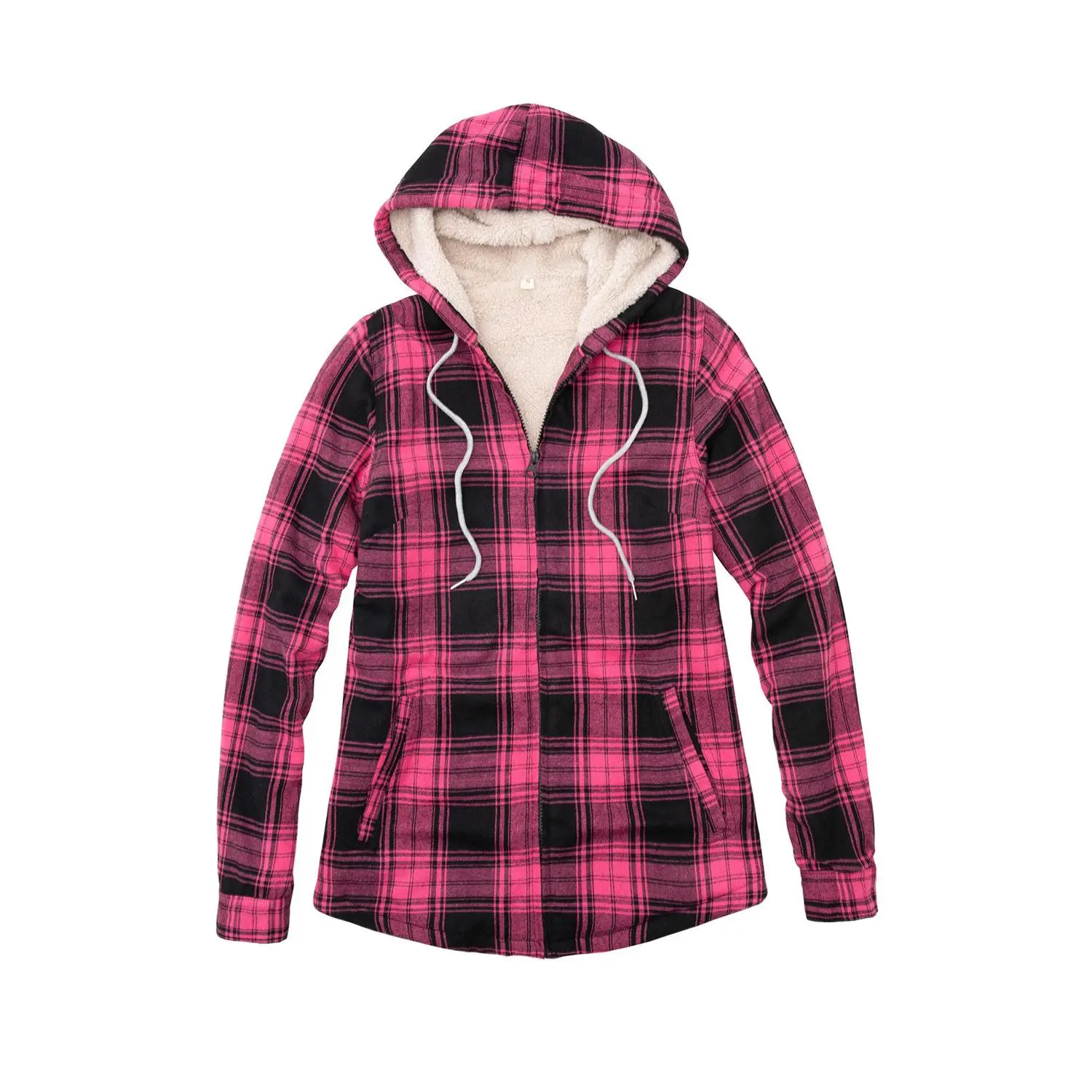 FlannelGo Women's Sherpa Lined Plaid Flannel Jacket - Long Sleeve Full-Zip Hooded Outerwear for Outdoors & Layering, Tops, Light Jacket, Plaid Print, Full Zipper, Cotton Blend, Adjustable Hood, Medium Length, 6.5Oz Brushed Yarn-Dyed Flannel, Casual, Basic