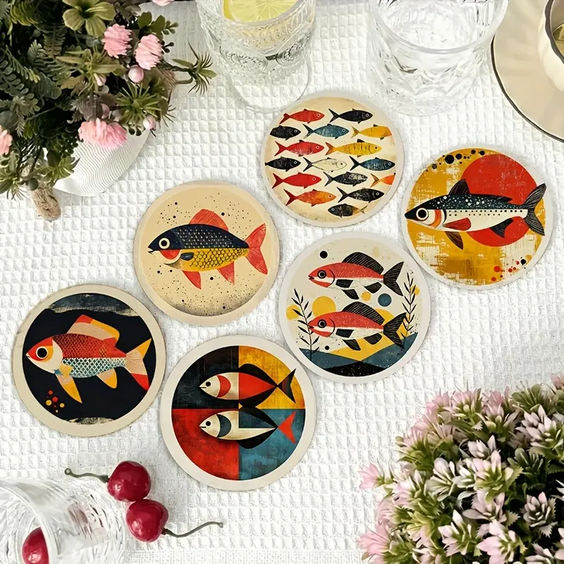 6 Colorful Fish-Shaped Wooden Coasters Set, Non-Slip Multi-Functional Drink Mats for Kitchen Table Counter Hot Dishes Home Office Party Festive Use