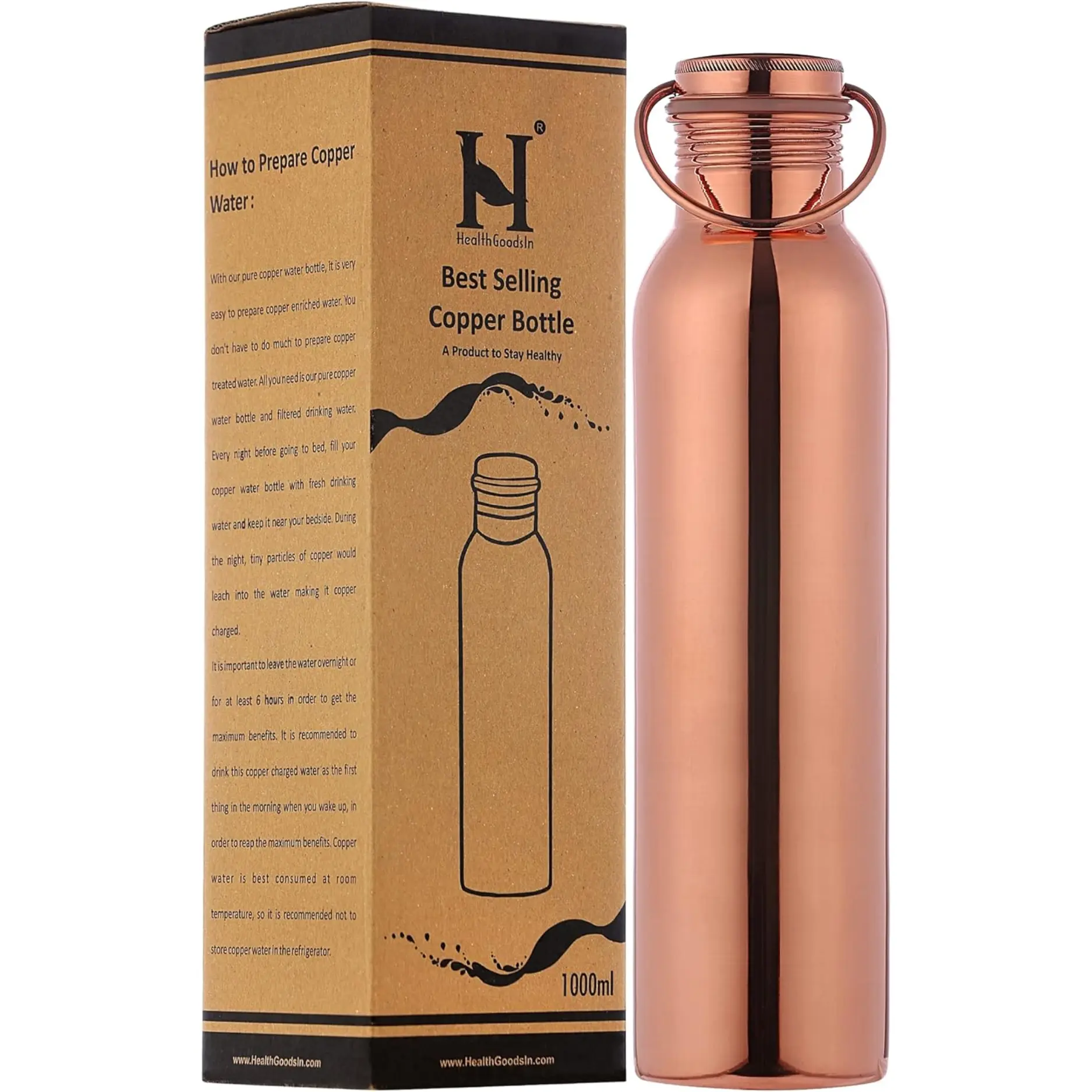 HealthGuru Pure Copper Water Bottle 1000 ML Seamless Leakproof Ayurvedic Water Bottle with Carrying Handle Solid Material Easy Maintenance Made in India Plain Design