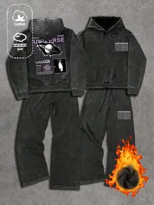 Men's Four-Season Cool Planet Print Fleece Set, Sci-Fi Design Street Style for Daily Wear & Trendy Parties