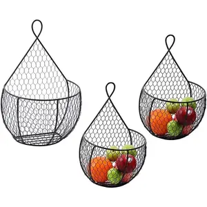 Metal Fruit And Vegetable Storage Hanging Basket Wall Mounted, Hanging Basket For Kitchen Black Wire Baskets for Flowers, Fruits and Veggies - Set of 3