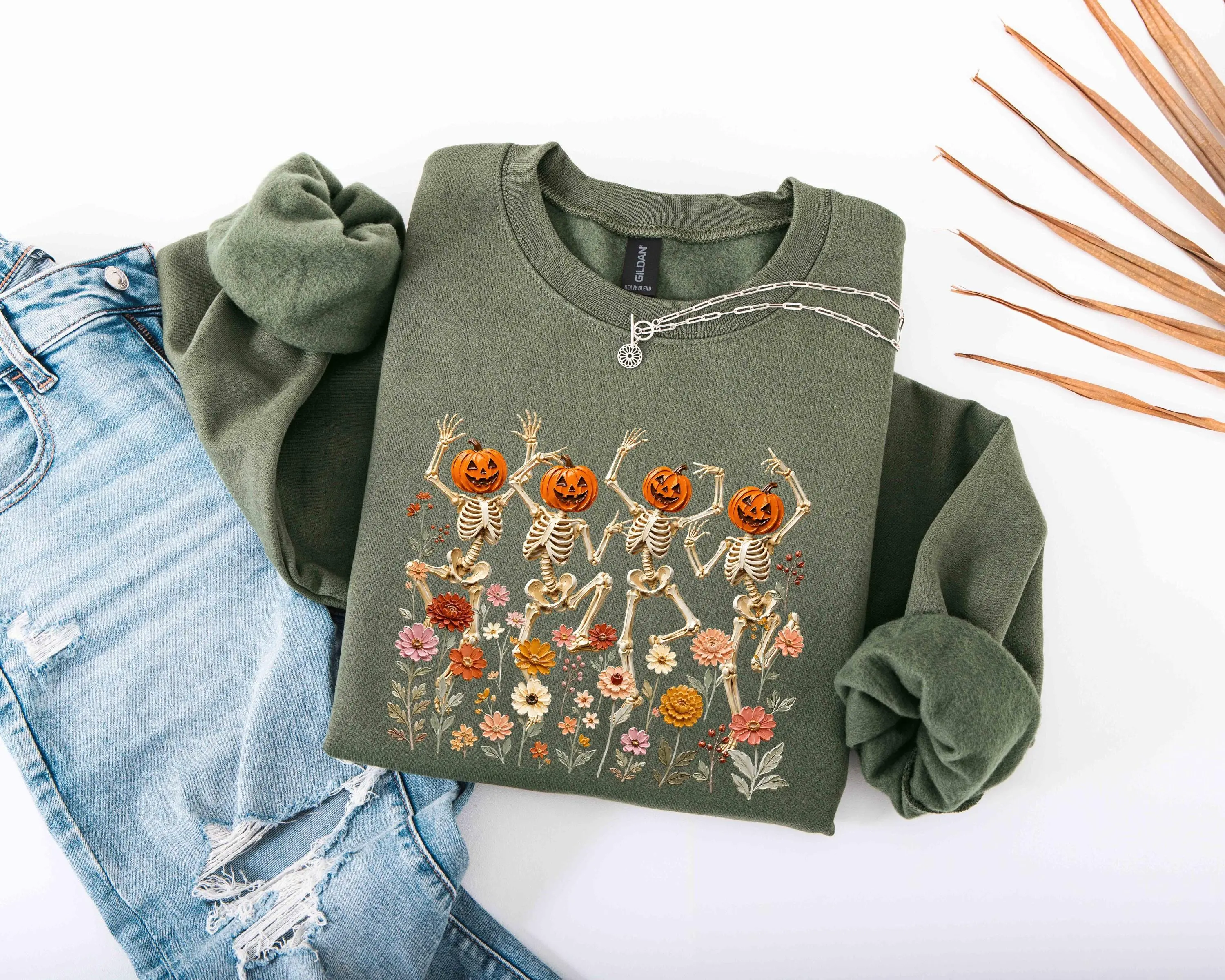 Dancing Skeleton Halloween Sweatshirt Spooky Season Pumpkin Sweater Retro Funny Halloween Pullover Autumn Fall Leaves Crewneck