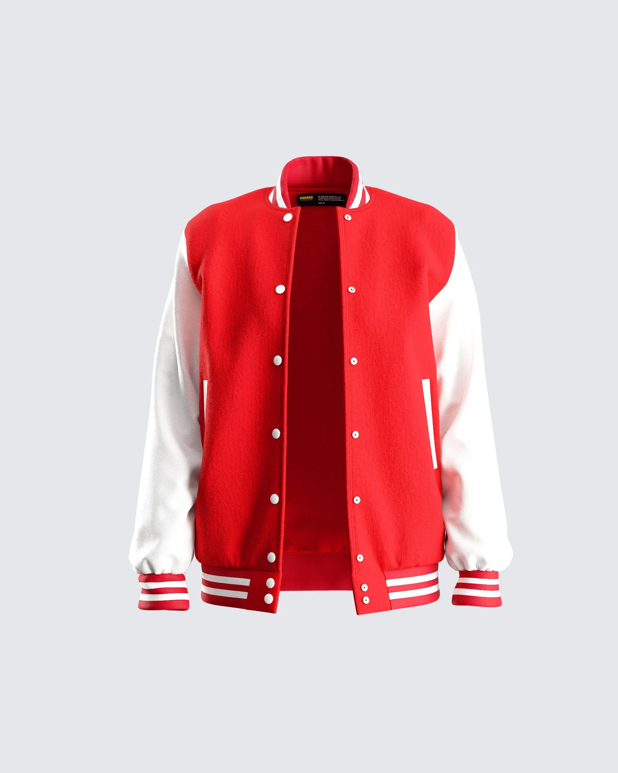 Women's Varsity Bomber Jacket, Oversized Colorblock Design in Red with Contrast Sleeves, Striped Ribbed Trim and Snap Closure, Coffee Run