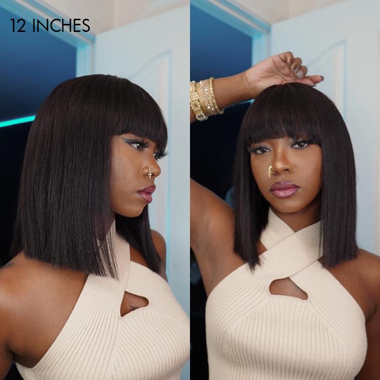 Put On And Go Reddish Purple Layered Cut Yaki Straight Minimalist Lace Bob Wig With Bangs 100% Human Hair