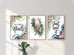 Set of 3 Nails Wall Art Poster, Nails Salon Poster, Nails Quotes, Floral Nails Print, Manicure Salon Decor, Beauty Salon Decor POSTER (UNFRAMED)