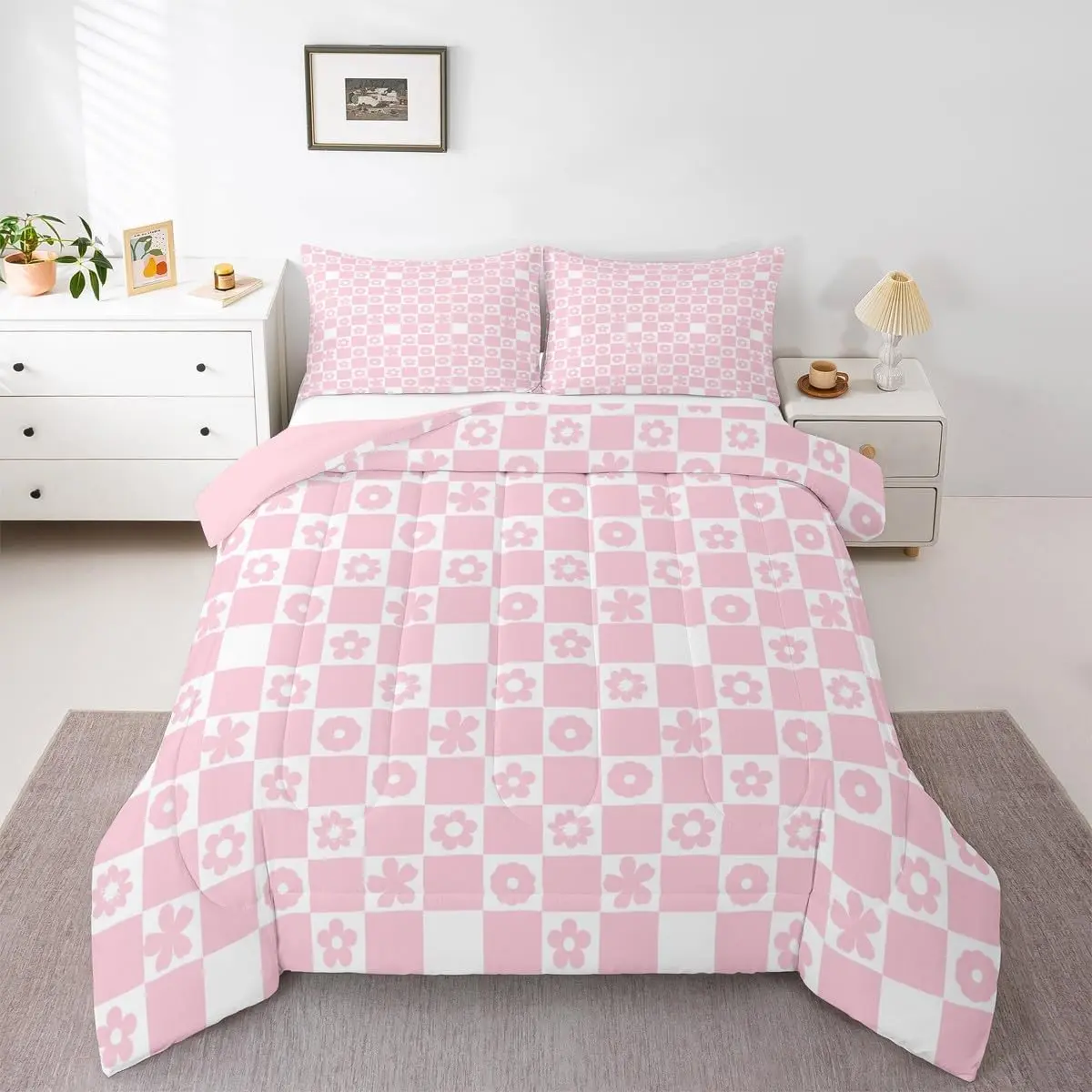 Cherry Checkered Bedding Set Soft for Boys Girls,Cute Florals Comforter Set Checkerboard Grid Duvet Quilt Microfiber Checkerboard Geometric Bedroom Decor