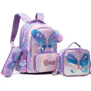 Butterfly Backpack for Girls, 3-in-1 School Bag Set with Insulated Lunch Box & Pencil Case, Heavy Duty & Machine Washable Bookbag, Ergonomic Lightweight Daypack for Elementary Middle School toddler gift