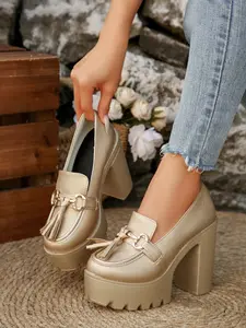 Women's Thick Sole Chunky Heel Loafers, Fringe Metal Buckle Waterproof Platform High Heeled Shoes, Versatile British Style Boosting Small Boots