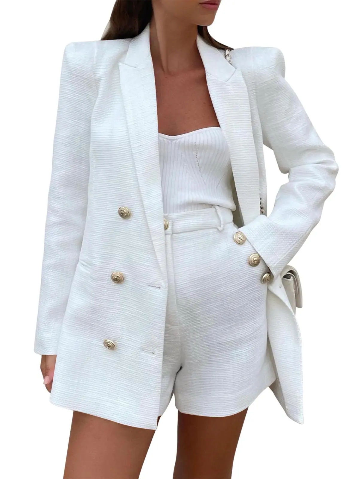 Imily Bela Womens 2 Piece Tweed Blazer Shorts Sets Long Sleeve Double Breasted Suit Jackets Business Outfit