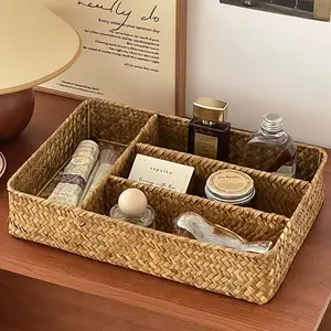 1count Desktop Woven Compartment Storage Tray, Tea Table Organizer Basket, Perfume Cosmetics Sorting Box, Model Xinghao, Multi Compartment Design