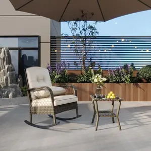1PCS Outdoor Wicker Rocking Chair, Patio Rattan Rocker Chair with Cushions & Steel Frame, All-Weather Rocking Lawn Wicker Furniture for Garden Backyard Porch