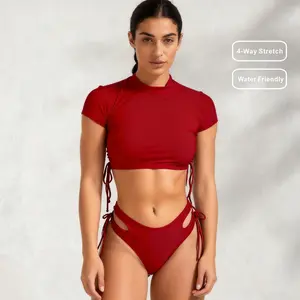 Premium Chlorine-Resistant Quick-Dry Swimwear, UPF50+ Sun Protection, High-Elastic Nylon, Drawstring Tummy Control Slimming Rash Guard Bikini Set
