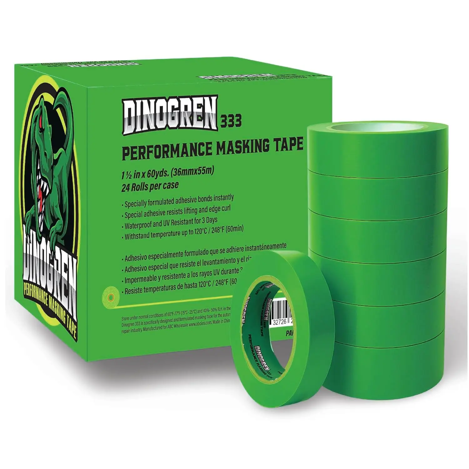 DINOGREN 333 High Performance Adhesive Tape, Automotive Refinish Green Masking Tape, 1.5” x 60 yd (Pack of 24 Rolls)