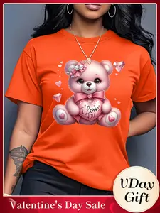 Valentine's Day Teddy Bear Women's Casual Round Neck cotton Fitted T-Shirt, I Love You Pattern Short Sleeve Top, Cream Color