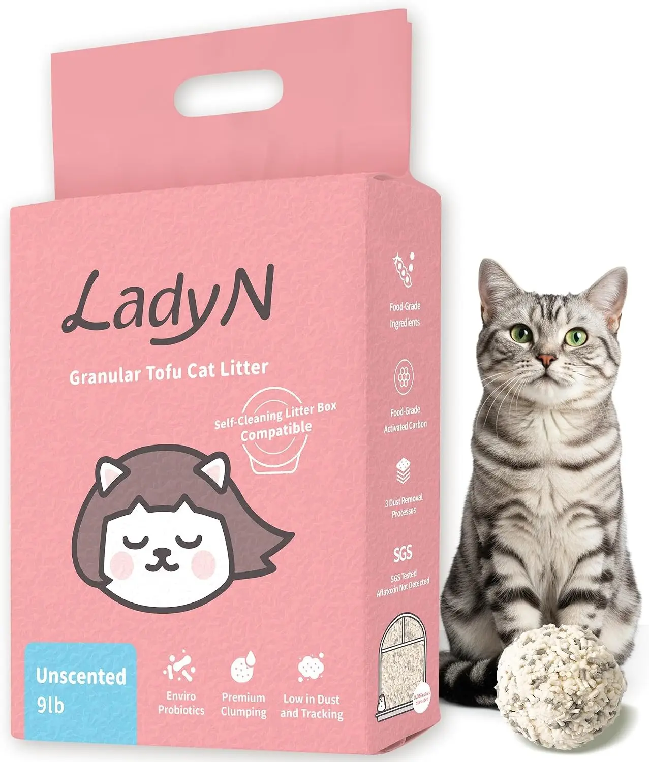 Lady N Tofu Cat Litter, Low Dust Compatible with Auto-Box Unscented 9lb | Mini-Pellet Shape, Strong Clumping, Ultra Absorbent, Activated Charcoal Odor Control Gift