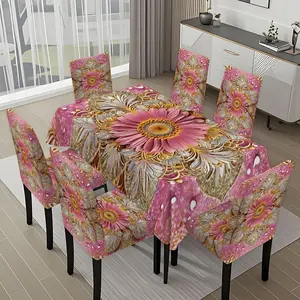 5/7-piece 2D Flat Printing Pink and Gold Flower Mandala Printing Pattern Tablecloth and Chair Cover Set, for dining table and chair decoration, perfect for home, holiday gatherings, restaurants, and parties.