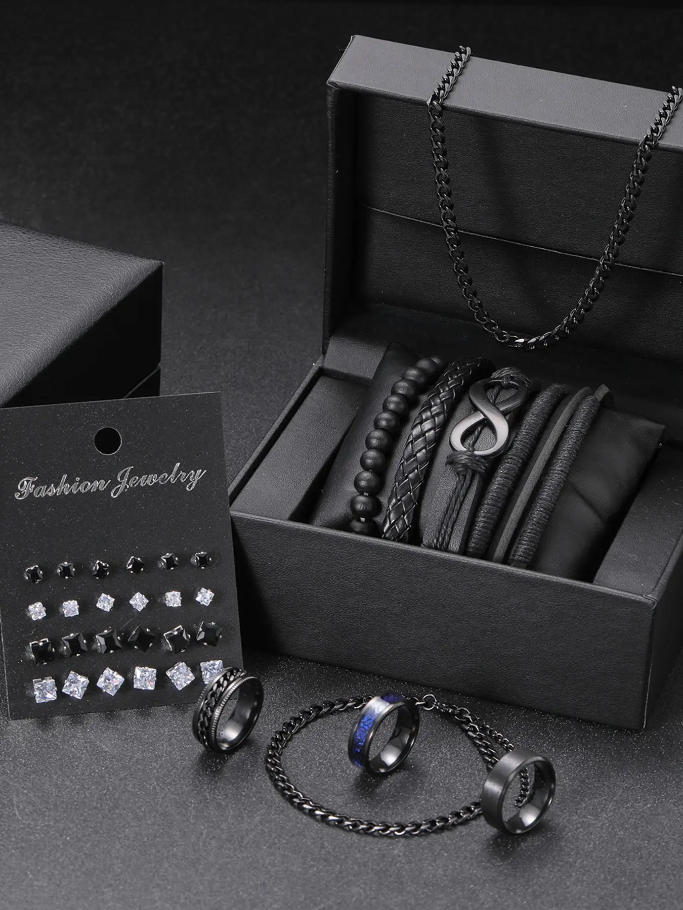 Men's Fashion Jewelry Set, 33 Counts Casual Rhinestone Decor Beaded & Drawstring Design Necklace & Bracelet & Stud Earrings & Rings for Men, Fashion J