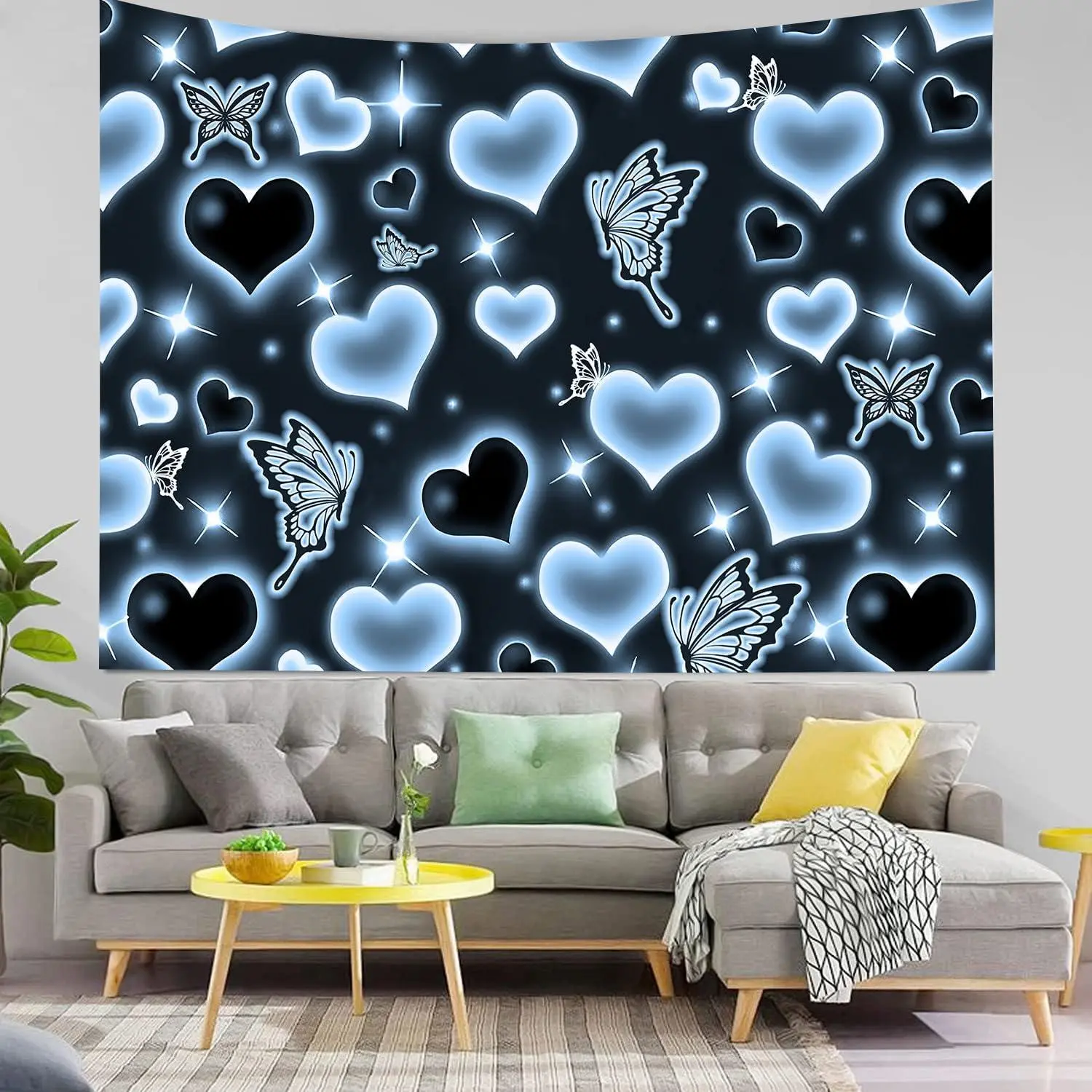 Cute Black Blue Heart Tapestry 60x40inch Fantasy Blue Butterfly Aesthetic Tapestry Hippie 2000s Y2K Teen Girls Tapestries Wall Hanging for Women  Living Room Bedroom College Dorm
