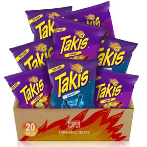 Schoolhouse Snacks Takis Fuego and Takis Blue Heat Rolled Spicy Tortilla Chips, Hot Chili Pepper Lime Flavored Hot Chips, Bundle of 20 Individual Bags, 1 Ounce Each